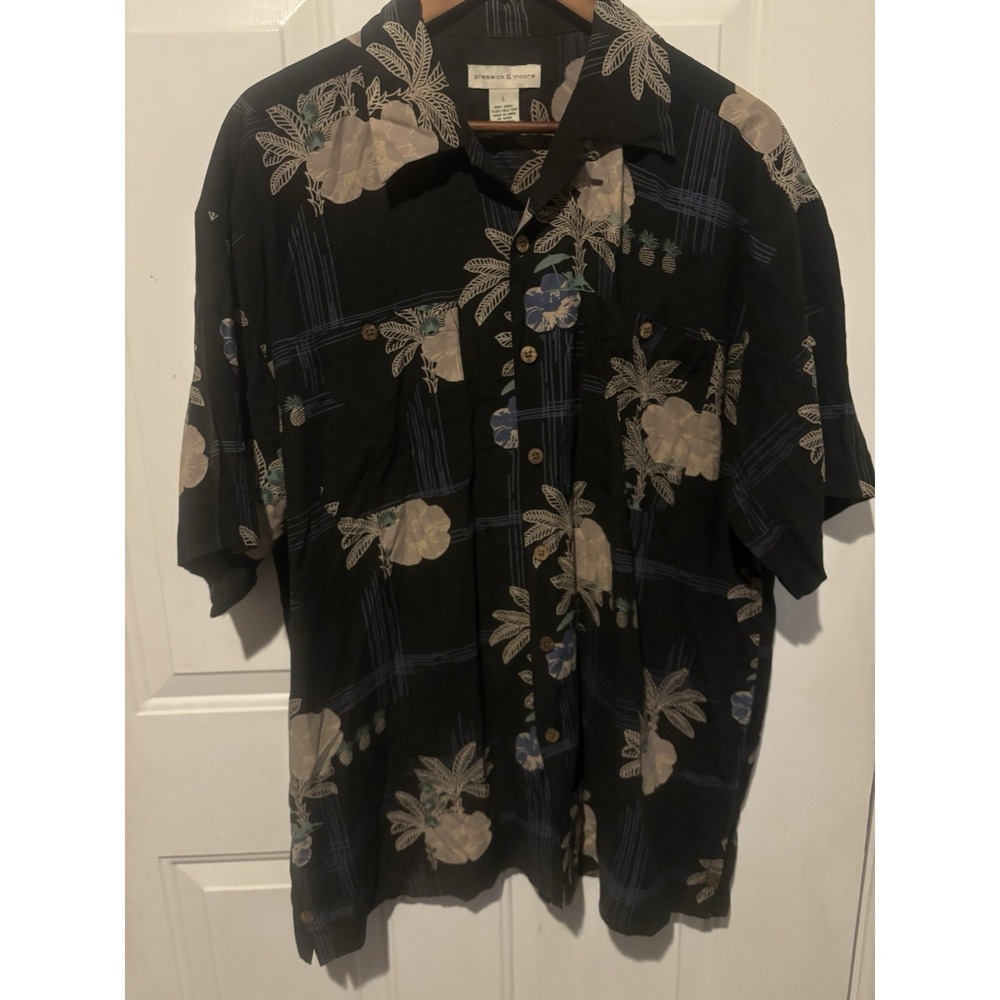 Preswick and Moore Shirt Men's  Hawaiian Large Floral Rayon Camp Beach‎ Black